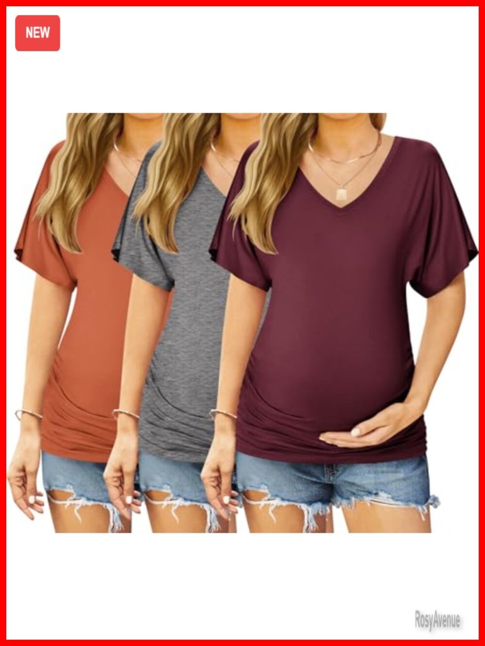 Maternity Shirts 3 Pack V Neck Ruched Side Dolman Sleeve Pregnancy Tops Tunic